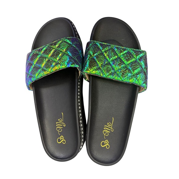 So Me Women's Slide Sandals Iridescent Green Quilted Slip On Flats Size 9 - Picture 2 of 4